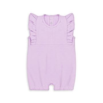 Lavender cotton baby girl romper with ruffle sleeves, snap-button back, and soft elastic leg openings – ideal for newborns and infants during summer.