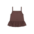 Brown baby girl sleeveless peplum top with delicate straps, made from soft, textured fabric for comfort and style.