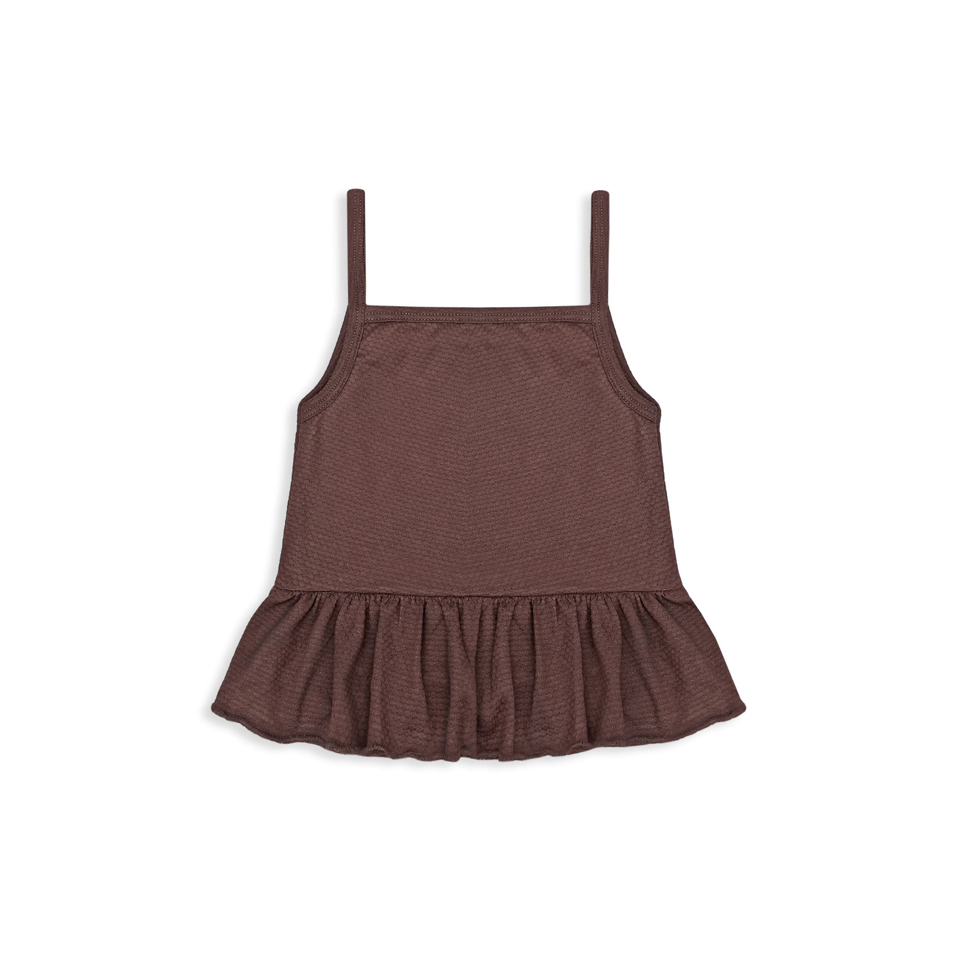 Brown baby girl sleeveless peplum top with delicate straps, made from soft, textured fabric for comfort and style.