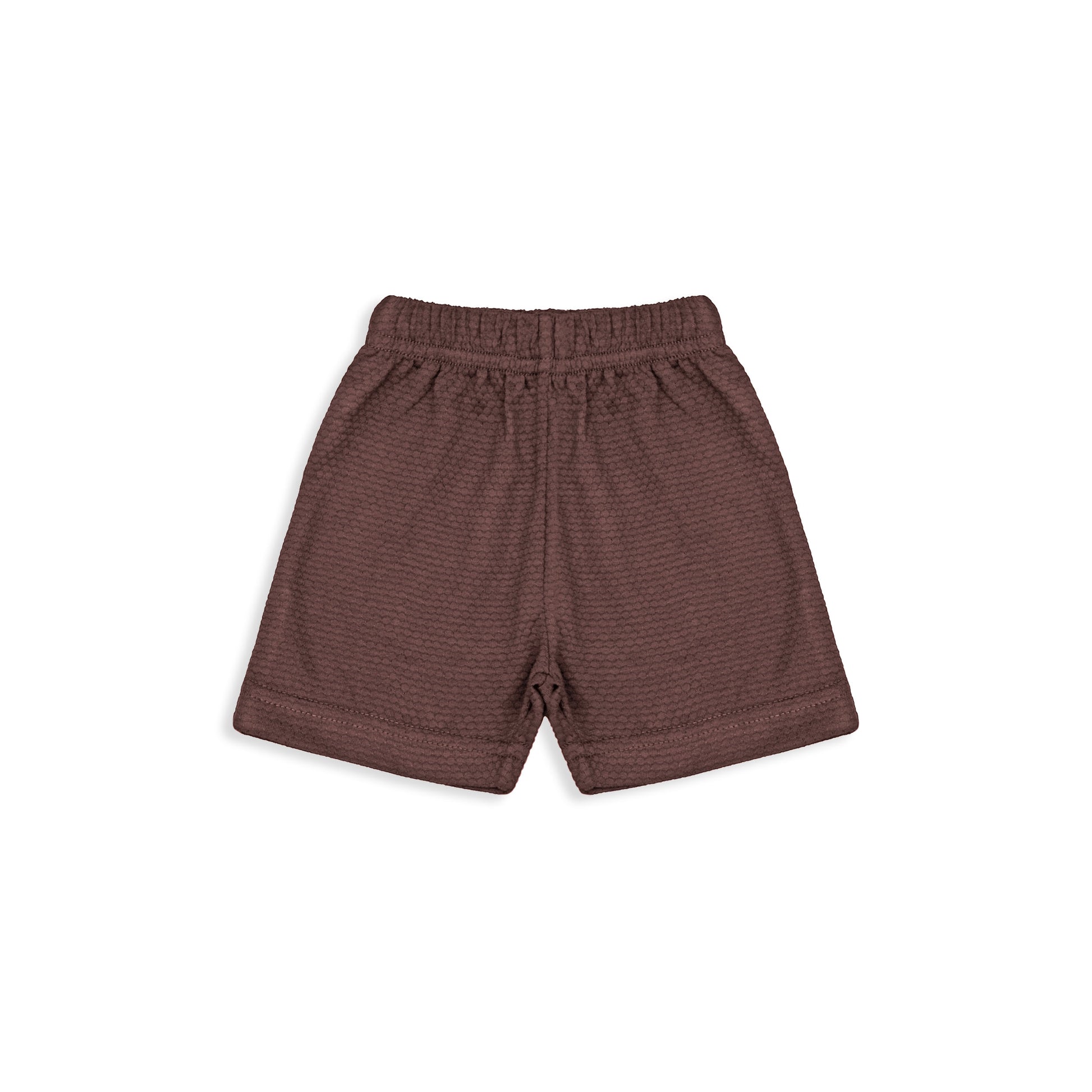 Brown baby shorts with an elastic waistband, made from soft, textured fabric for comfort and easy movement. Ideal for newborns and toddlers.