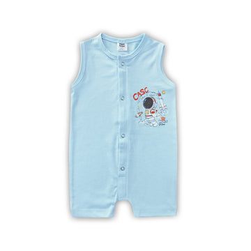 Newborn baby sleeveless romper in light blue with astronaut print, summer cotton outfit for 0-24 months.