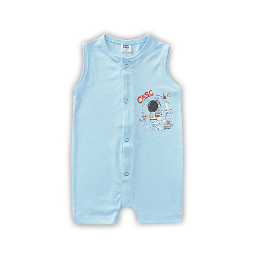 Newborn baby sleeveless romper in light blue with astronaut print, summer cotton outfit for 0-24 months.