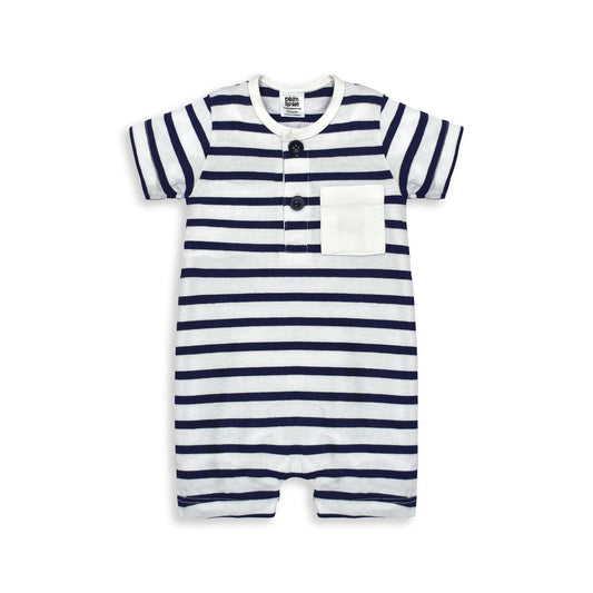 Newborn baby striped romper in navy and white, short sleeve cotton summer romper with front buttons and pocket, breathable baby one-piece outfit for 0-24 months.