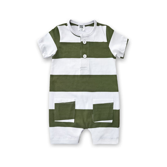Newborn baby romper short sleeve green and white striped cotton jumpsuit with front buttons and pockets
