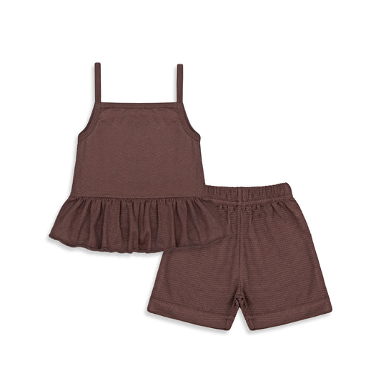 Brown baby girl sleeveless peplum top with matching shorts, made from soft, textured fabric, featuring an elastic waistband for comfort.