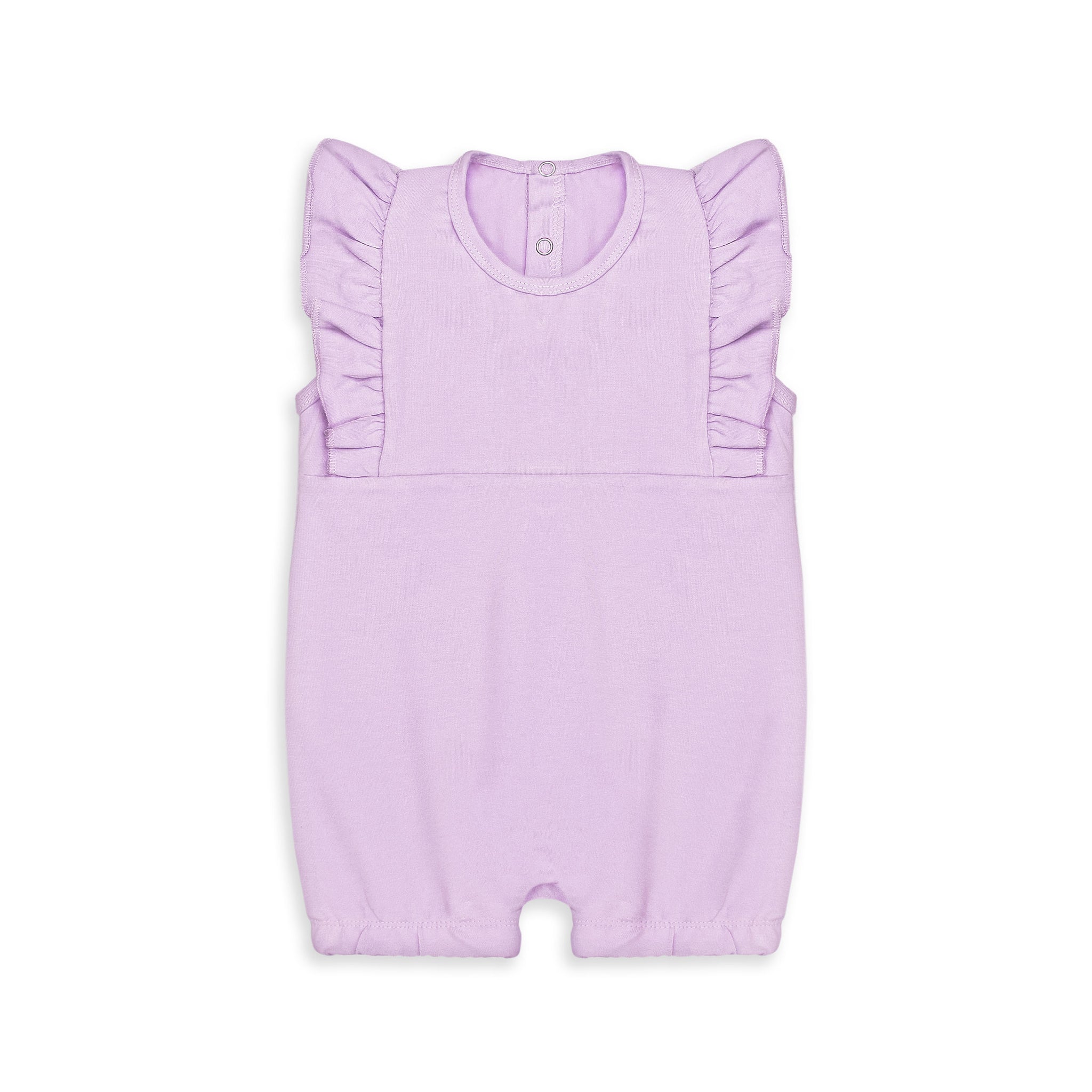 Lavender cotton baby girl romper with ruffle sleeves, snap-button back, and soft elastic leg openings – ideal for newborns and infants during summer.