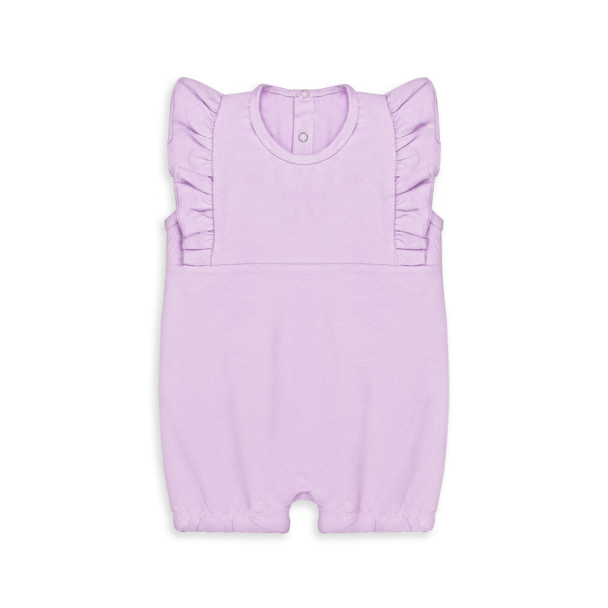 Lavender cotton baby girl romper with ruffle sleeves, snap-button back, and soft elastic leg openings – ideal for newborns and infants during summer.