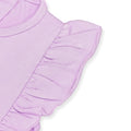Lavender cotton baby girl romper with ruffle sleeves, snap-button back, and soft elastic leg openings – ideal for newborns and infants during summer.