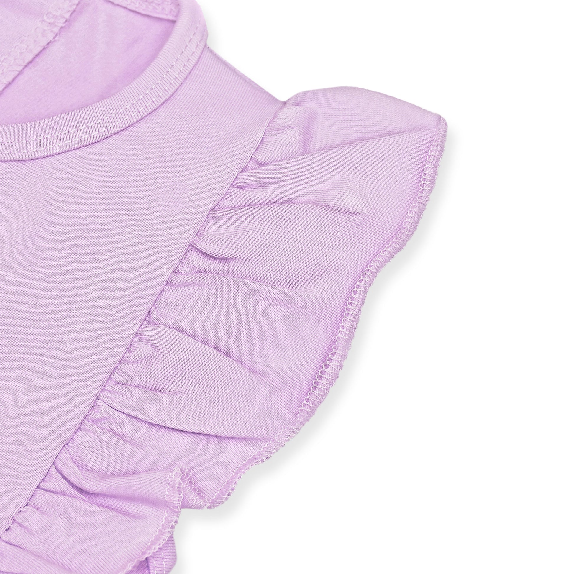 Lavender cotton baby girl romper with ruffle sleeves, snap-button back, and soft elastic leg openings – ideal for newborns and infants during summer.