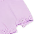 Lavender cotton baby girl romper with ruffle sleeves, snap-button back, and soft elastic leg openings – ideal for newborns and infants during summer.