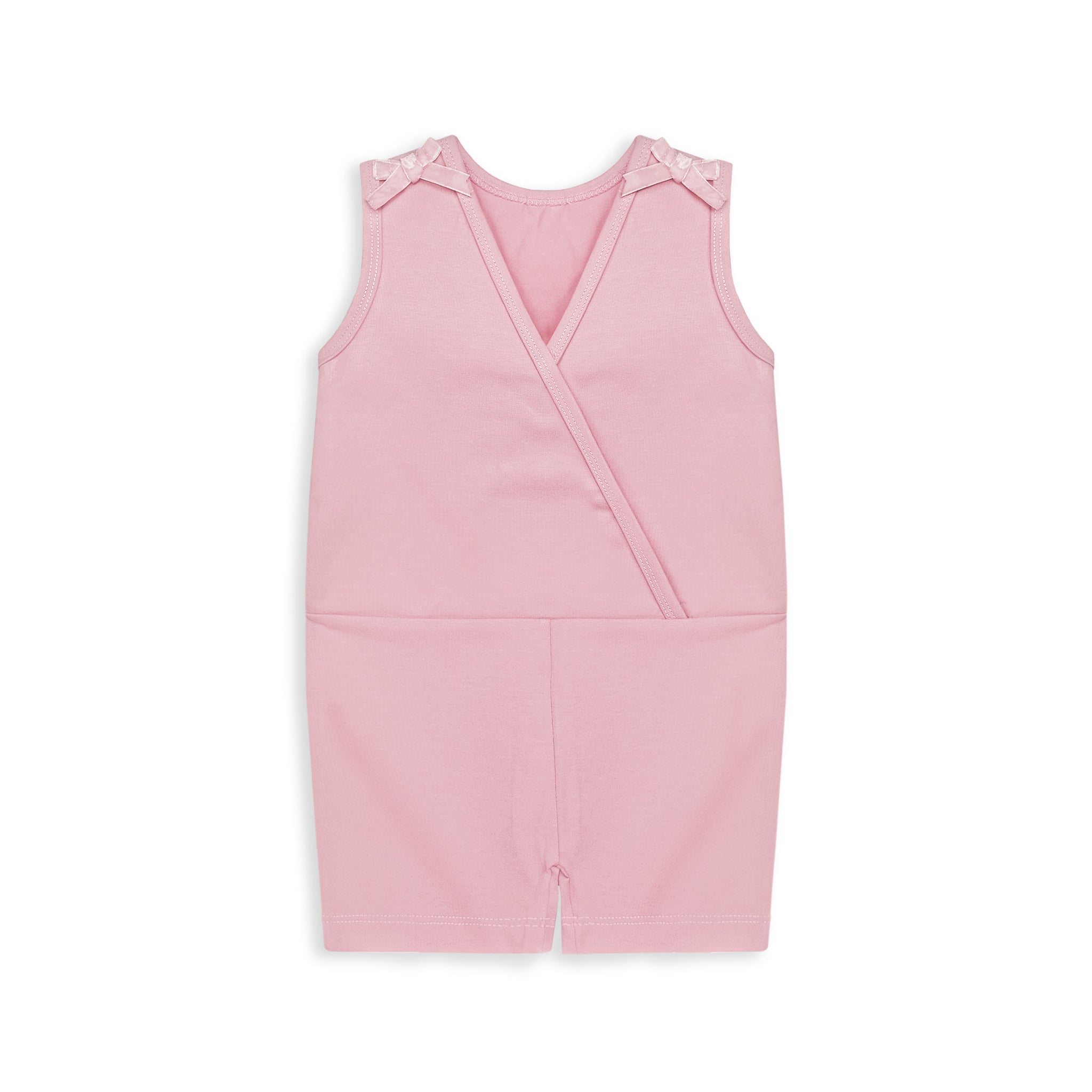 Soft pink sleeveless baby girl romper with shoulder bows, lightweight summer cotton outfit for newborns and infants. #BabyGirlRomper #PinkBabyOutfit #NewbornClothes #InfantRomper #SleevelessBabySuit #SummerBabyWear #CottonBabyClothes #BabyGirlStyle #BabyFashionPakistan #ComfortableBabyWear
