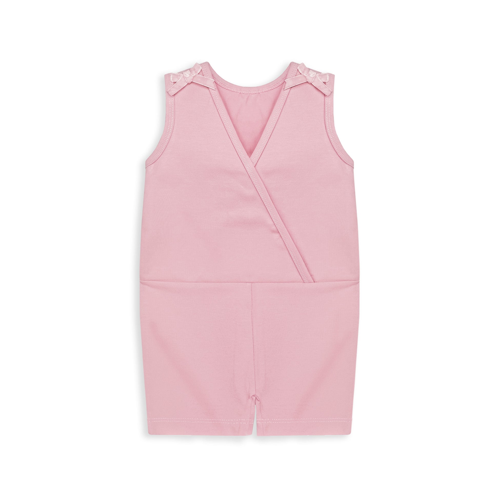 Soft pink sleeveless baby girl romper with shoulder bows, lightweight summer cotton outfit for newborns and infants. #BabyGirlRomper #PinkBabyOutfit #NewbornClothes #InfantRomper #SleevelessBabySuit #SummerBabyWear #CottonBabyClothes #BabyGirlStyle #BabyFashionPakistan #ComfortableBabyWear