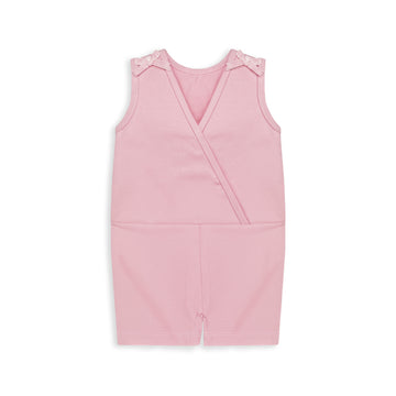 Soft pink sleeveless baby girl romper with shoulder bows, lightweight summer cotton outfit for newborns and infants. #BabyGirlRomper #PinkBabyOutfit #NewbornClothes #InfantRomper #SleevelessBabySuit #SummerBabyWear #CottonBabyClothes #BabyGirlStyle #BabyFashionPakistan #ComfortableBabyWear