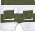 Newborn baby romper short sleeve green and white striped cotton jumpsuit with front buttons and pockets