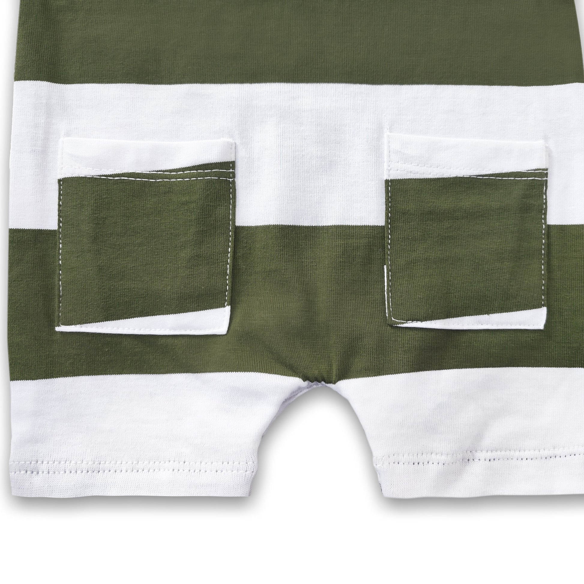 Newborn baby romper short sleeve green and white striped cotton jumpsuit with front buttons and pockets