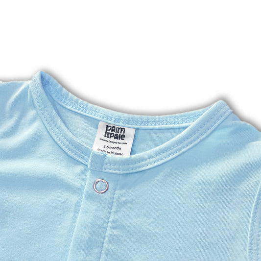 Newborn baby sleeveless romper in light blue with astronaut print, summer cotton outfit for 0-24 months.