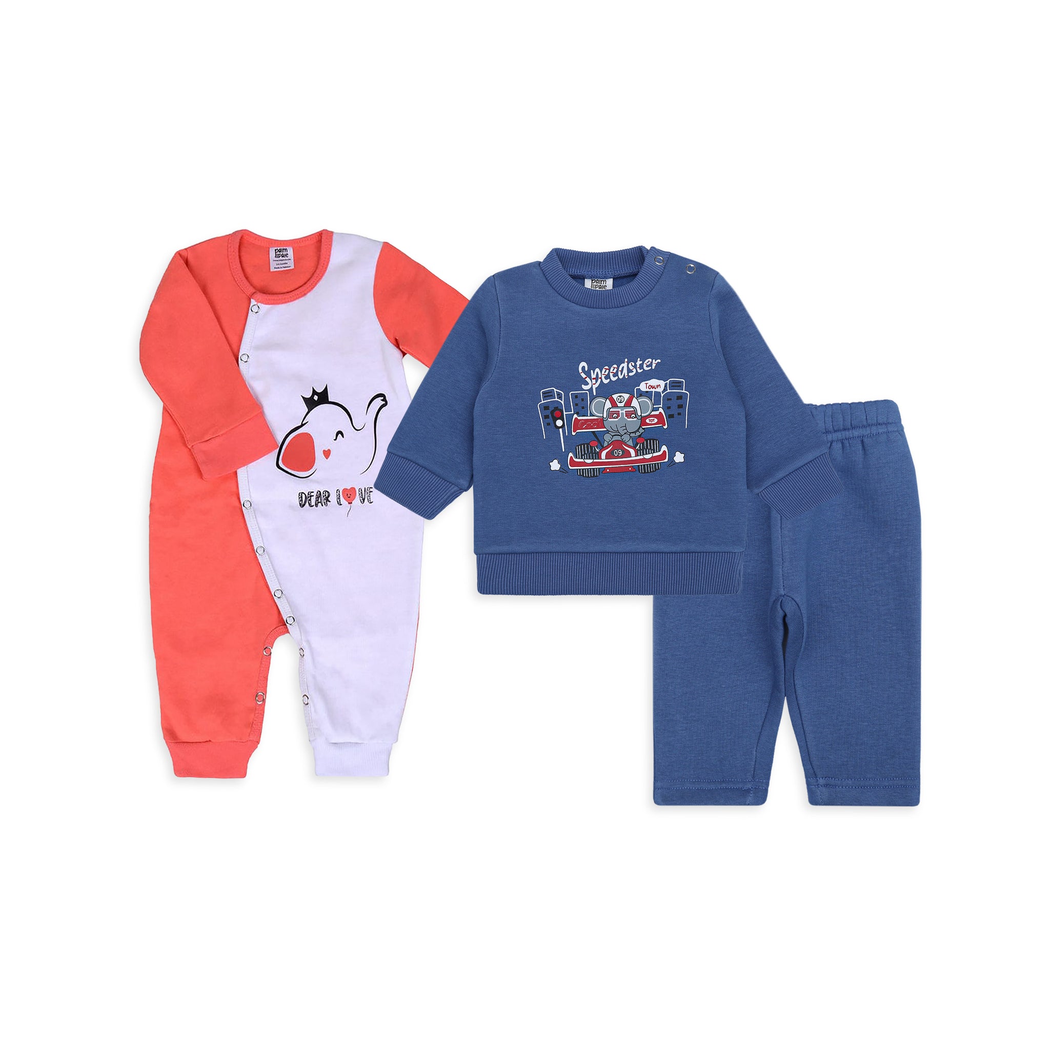 Set of 3 Pack Elephant Baby Romper & Baby Sweatshirt Trouser