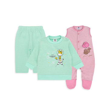 Set of 3 Pack Baby Sweatshirt Trouser & Pink Romper